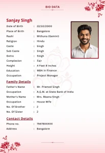 Simple Marriage Biodata Format with pink background and ganesh ji photo