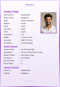 Customized Marriage Biodata Template with simple design and photo