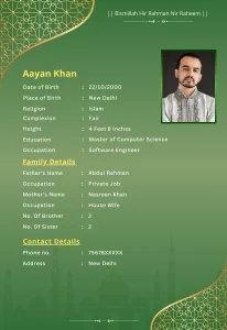 Basic NIkah Biodata Format with green background and photo on right side