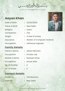 Customized Marriage Biodata Design with green color