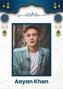 Islamic marriage biodata template with blue and gold decorative design, mosque arch pattern, hanging lanterns, and sections for personal, family, education, and contact details