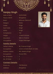 Traditional Hindu biodata format for marriage with decorative golden designs, dark red background, and space for photo, horoscope, family background, and contact information.