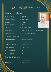 Islamic marriage biodata template for girls with teal background, golden borders, and Arabic calligraphy.