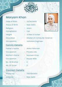 Islamic marriage biodata template for girls with turquoise background, Arabic calligraphy, geometric patterns, and mosque design.