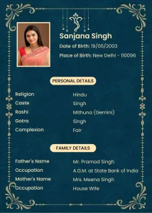 Elegant blue and gold marriage biodata template with floral border, Ganesha icon, and profile photo space