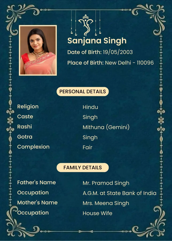 Elegant blue and gold marriage biodata template with floral border, Ganesha icon, and profile photo space