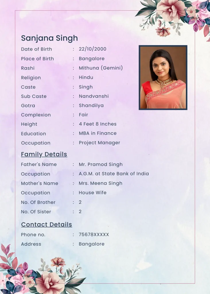 Elegant floral marriage biodata template with watercolor background and profile photo space.