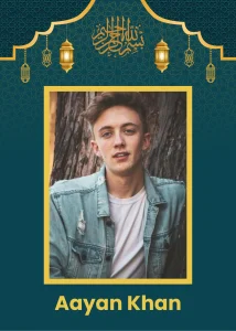 Elegant biodata cover template with dark teal background, golden lanterns, Arabic calligraphy at the top, and a central framed photo space with bold name text below