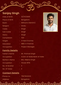 Traditional Hindu biodata format for marriage with decorative golden designs, dark red background, and space for photo, horoscope, family background, and contact information.