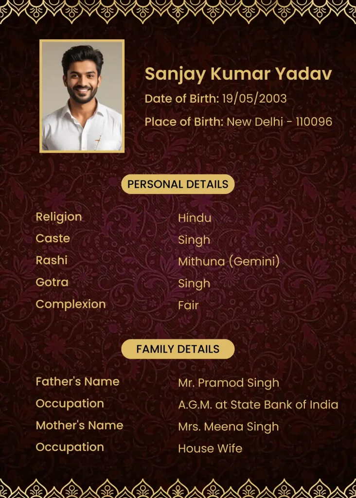 Stylish maroon and gold marriage biodata template with decorative floral border and profile photo space.